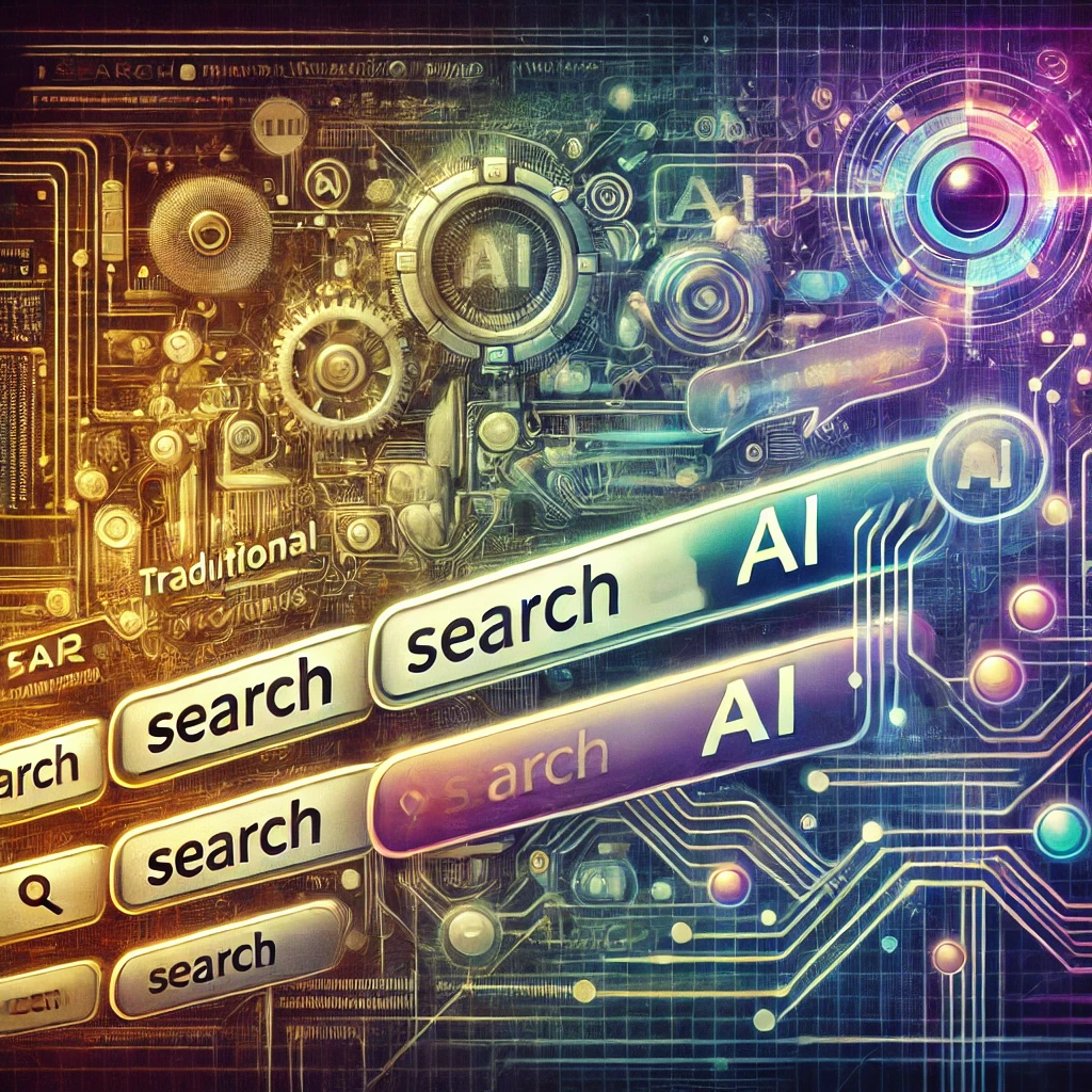 Visual representation of the evolution of search engines, transitioning from traditional keyword-based interfaces to AI-driven tools like ChatGPT, featuring search bars and holographic question prompts symbolizing enhanced AI-powered search behaviour