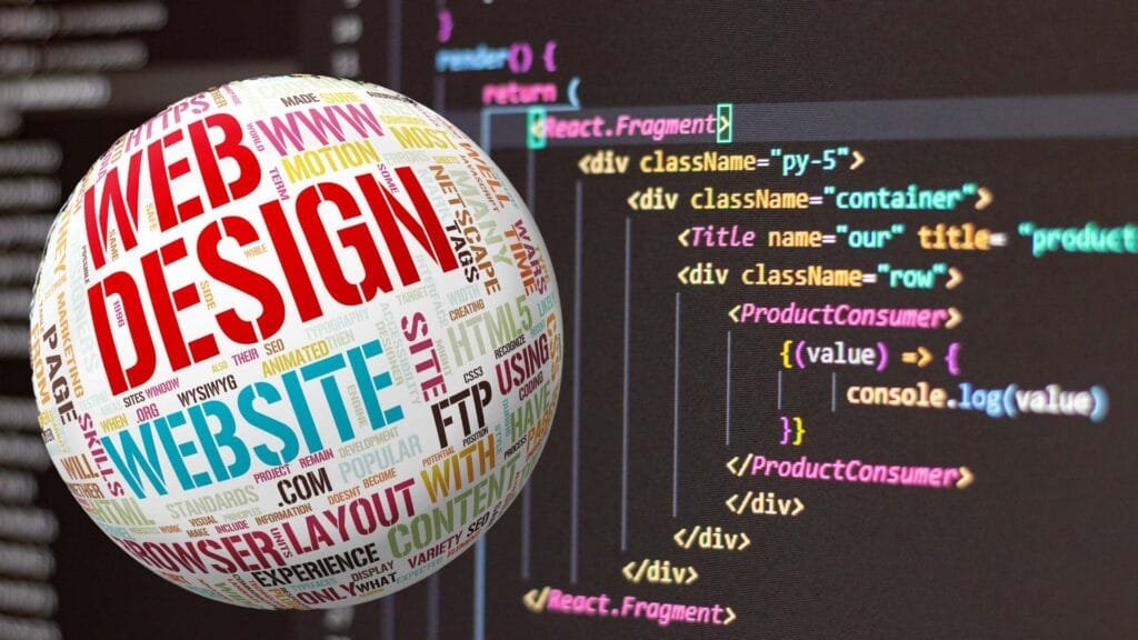 An image showing technical code and a globe with the words "website design" to show the importance of Search Engine Optimisation in Website Design