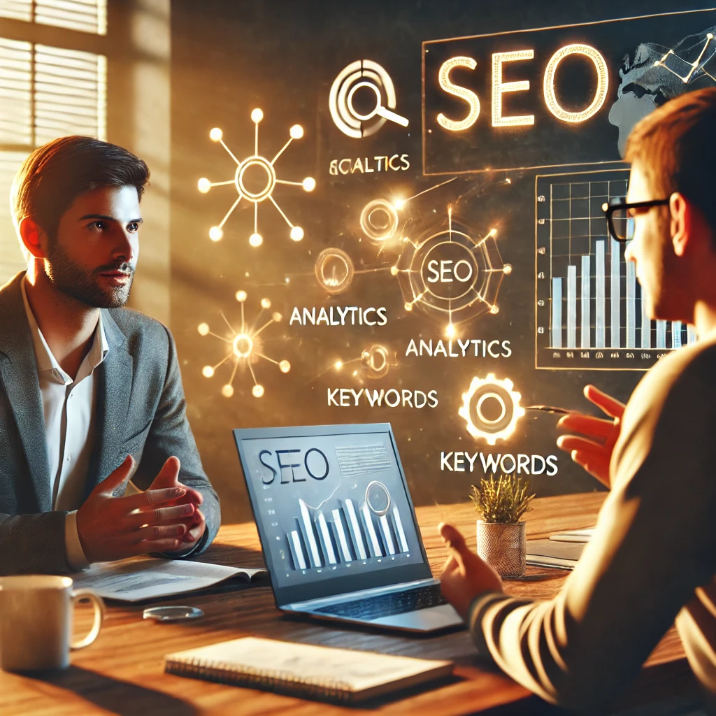 two people holding a meeting visually represented by background icons representing an SEO mentoring session