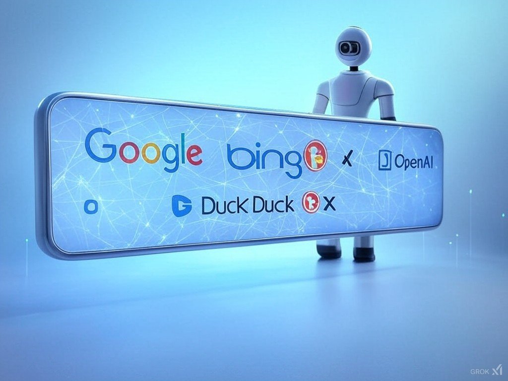 a futuristic robot standing behind a sign showing ai search being amongst traditional search engines