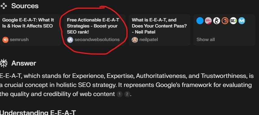 a screenshot showing perplexty AI search results and how seoandwebsolutions.com ranked as a reputable source for SEO information