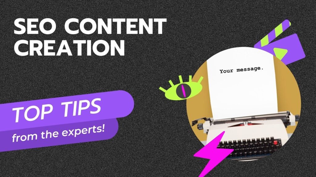 a poster featuring a typewriter with the next "your message" and the headline "SEO CONTENT CREATION SERVICE top tips from the experts"