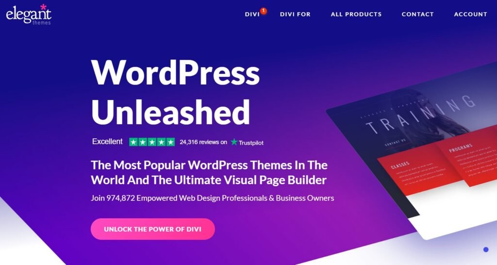 a website with a blue background showcasing elegant themes professional wordpress website