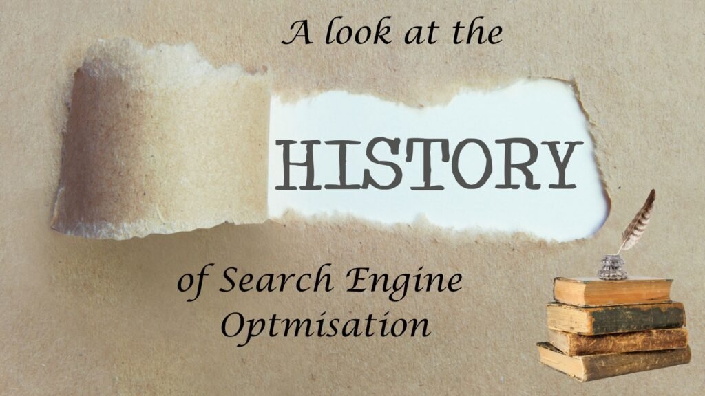 a torn scroll of paper with a quil pen and the words "a look at the history of search engine optimization"