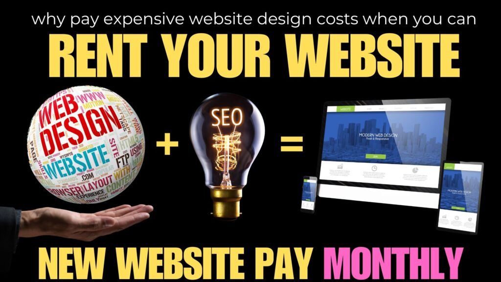 a striking multicoloured image showing a website design and the text "rent your website" to promote our affordable pay monthly websites for small businesses