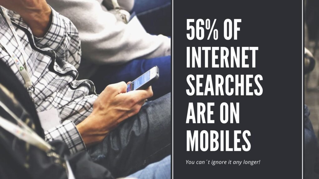 a person holding a phone with stats on 56% of people view your website on mobile devices