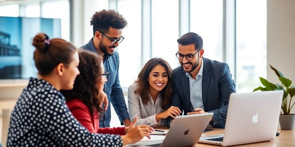 Group of professionals brainstorming in a modern office.  This reflects how their combined experience as a team makes a valuable impression just as e-e-a-t does in how they present to their clients