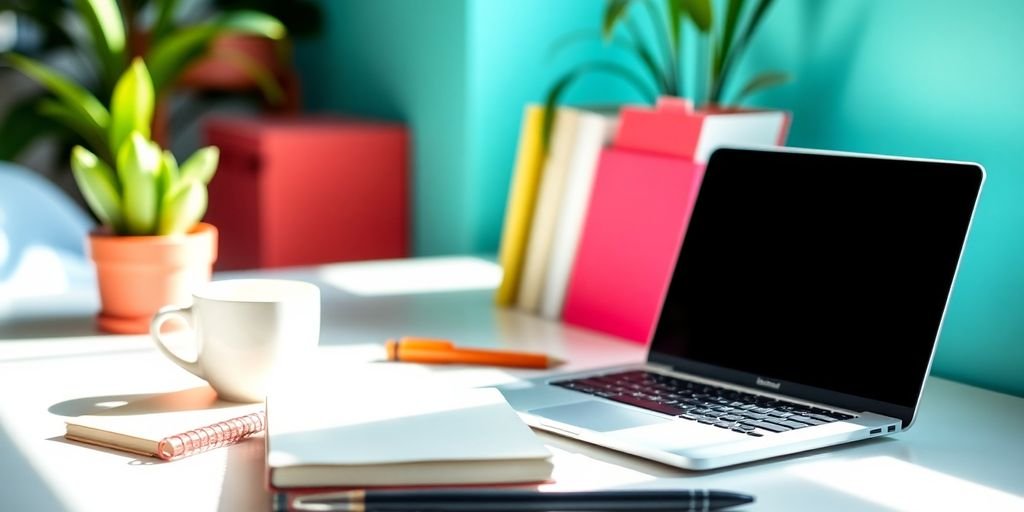 A bright workspace with a laptop and coffee.