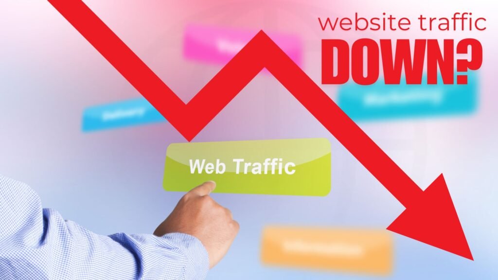 an image of a hand pointing to a sign website traffic, a downward trend and the words "website traffic down?" to point to a sudden drop in website traffic