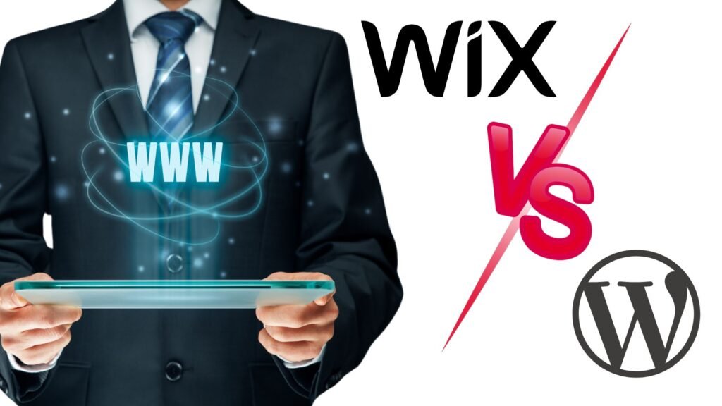 a man in a suit holding a tablet computer with the digital www letters floating and the logos wix vs wordpress